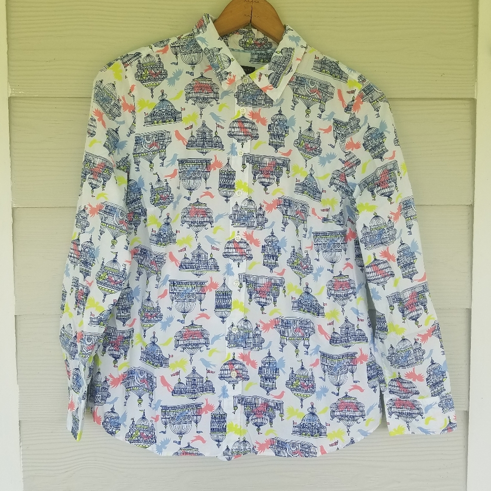 Women's Talbots Bird Cage Print Classic Button Front Long Sleeve Sz Med